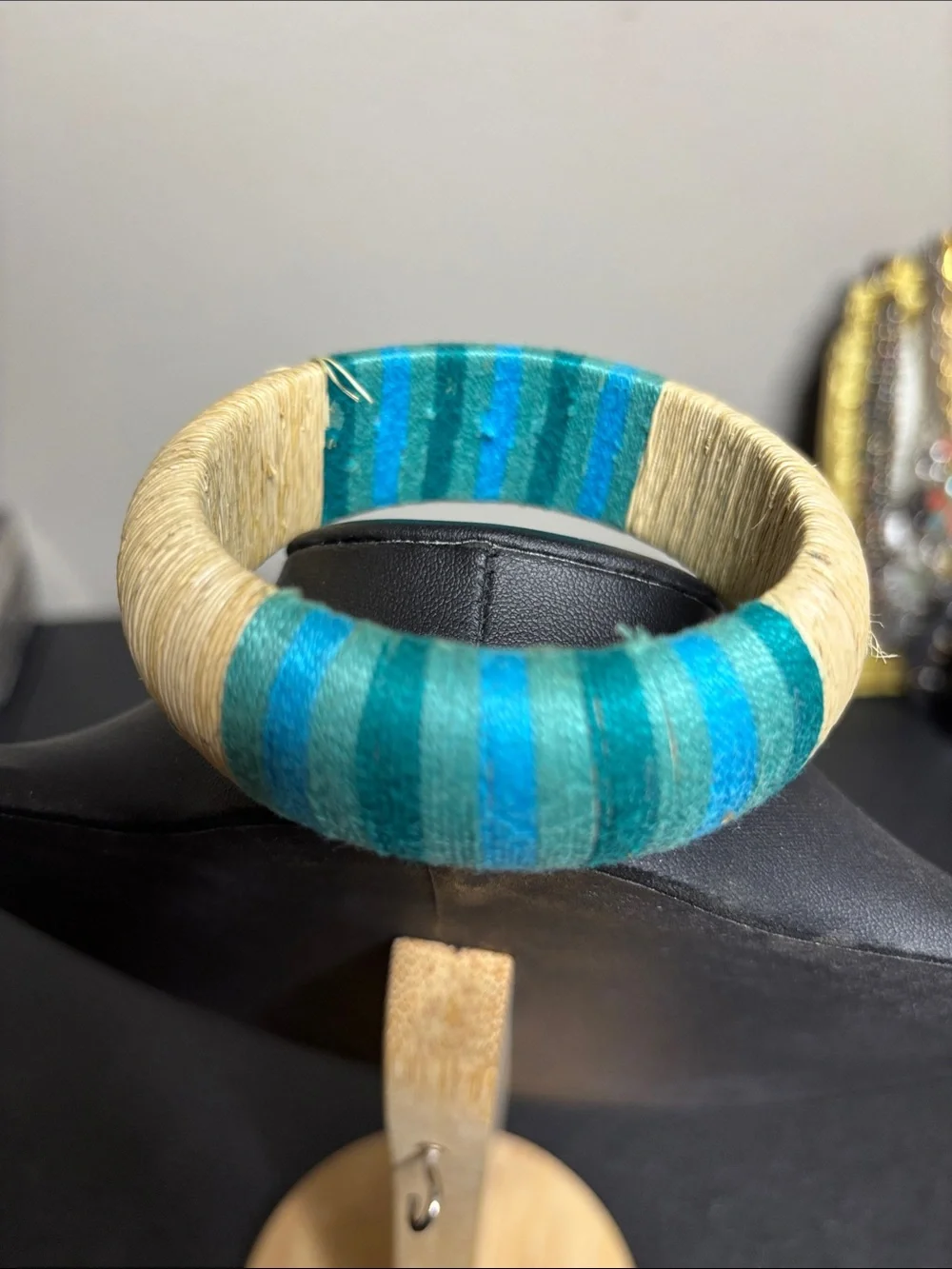 Boho Resort Hand-Wrapped Blue & Natural Straw Bangle Bracelet